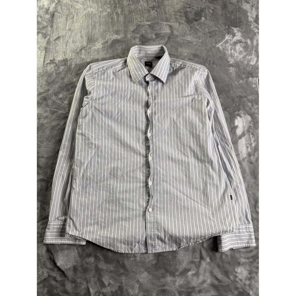 Hugo Boss Men's Button-Up L White Vertical Stripes Button Down Shirt Fit Long
